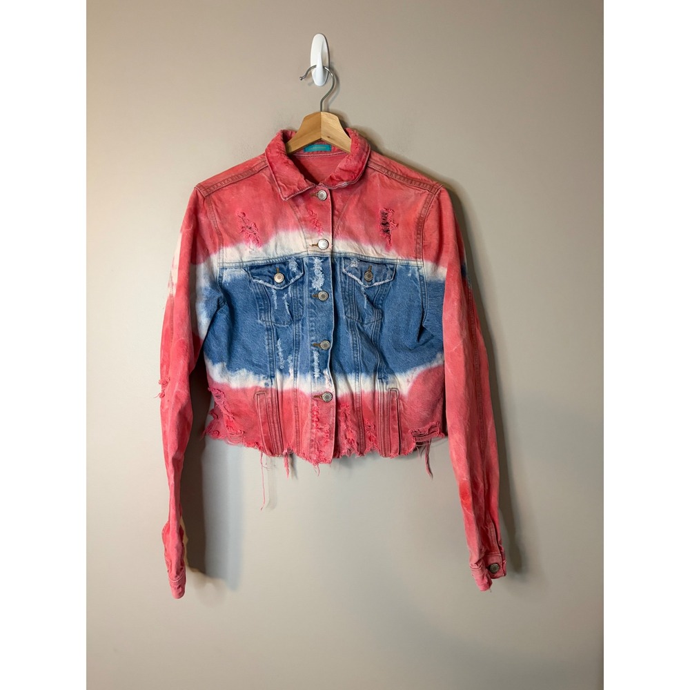 Cia Maritima Denim Jacket Womens Large Red Blue Distressed Cropped